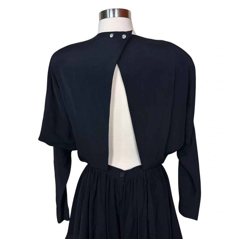 Regina Kravitz Vintage Black 80s Padded Shoulder Cutout Back Peplum Dress Size 8 - Picture 4 of 10